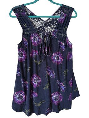Maurices Women's Navy Floral Tank Top with Lace Detail Size XL